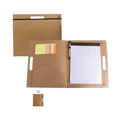 Cartella portablocco in carta riciclata con elastico post it e penna in cartone 