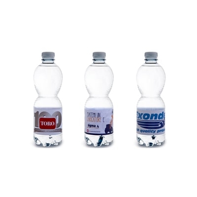 Un'immagine di una bottiglia da 500 ml riempita d'acqua proveniente dalle pure sorgenti italiane, rappresentando la freschezza e la purezza dell'acqua italiana