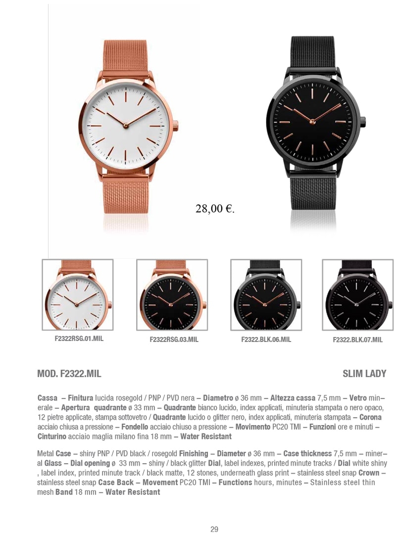 Orologio da polso MOD.F2322.MIL Slim Lady con cassa rosegold lucida e quadrante bianco lucido, un accessorio elegante per donne sofisticate.