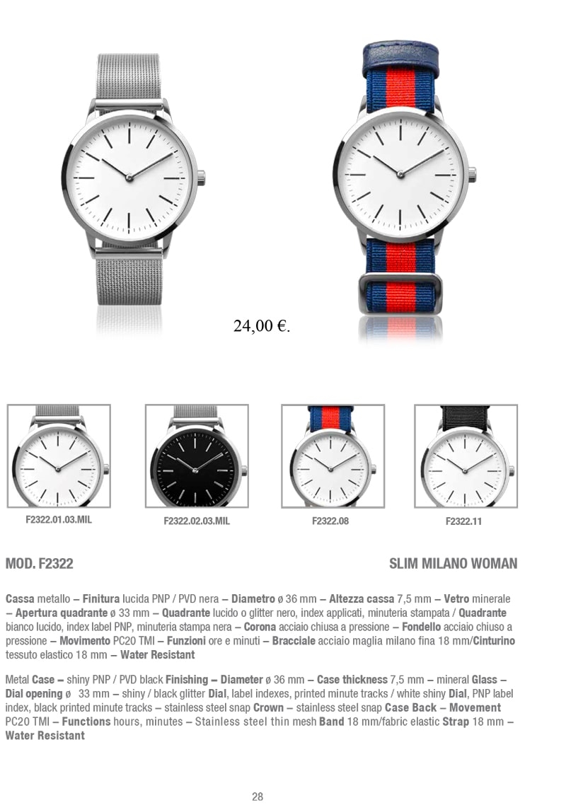 L'orologio da donna F2322 SLIM MILANO di BestPromotion, con cassa in metallo e finitura lucida PNP / PVD nera, quadrante lucido o glitter nero, e bracciale in acciaio o cinturino in tessuto elastico. Un accessorio elegante e raffinato per esprimere il tuo stile unico.