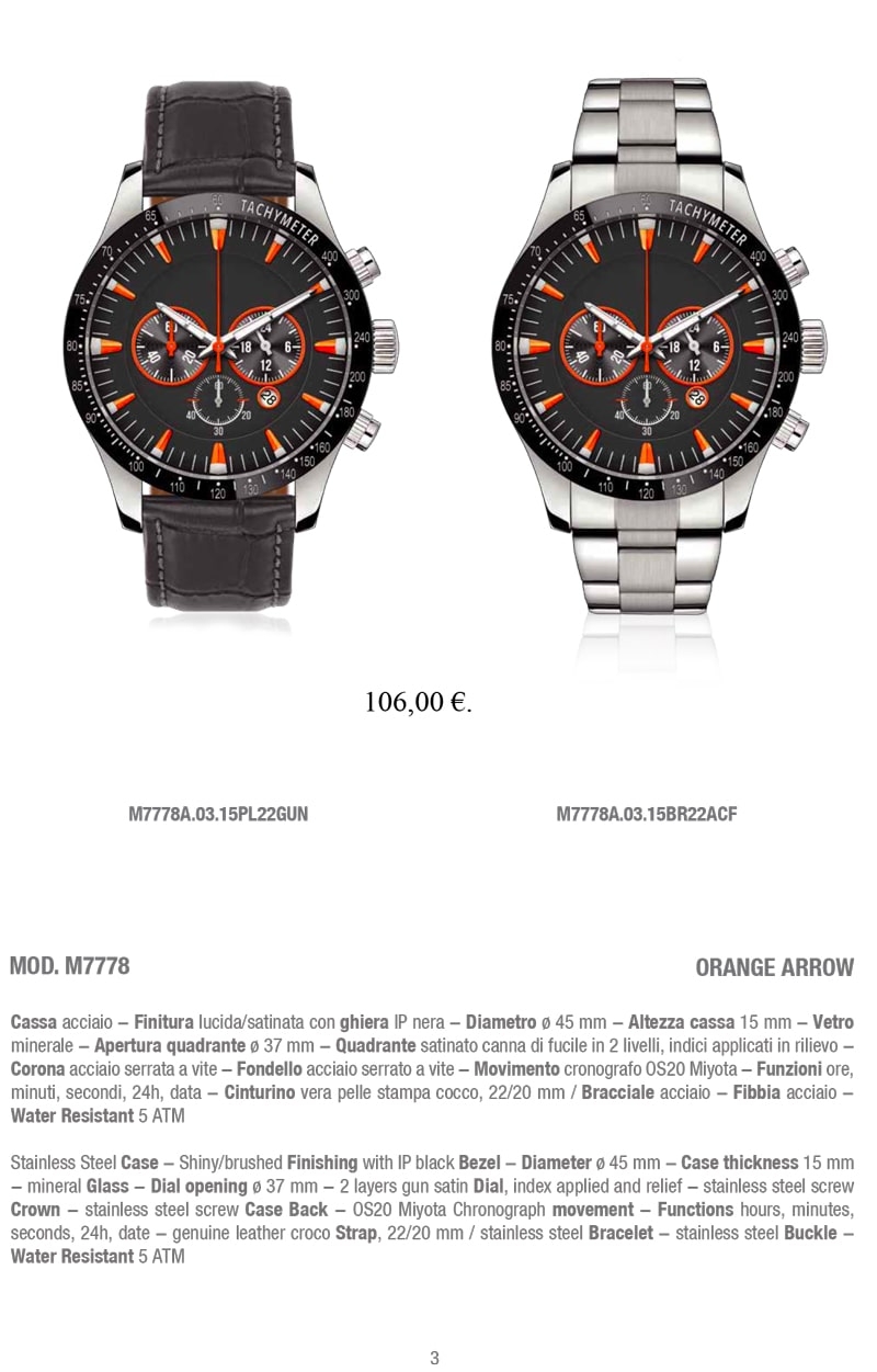 MOD. M7778 Orange Arrow - Orologio da polso con cassa in acciaio lucido/satinato, ghiera IP nera e quadrante satinato canna di fucile in due livelli. Indici applicati in rilievo. Cinturino in vera pelle stampa cocco. Movimento cronografo OS20 Miyota. Resistente all'acqua 5 ATM.