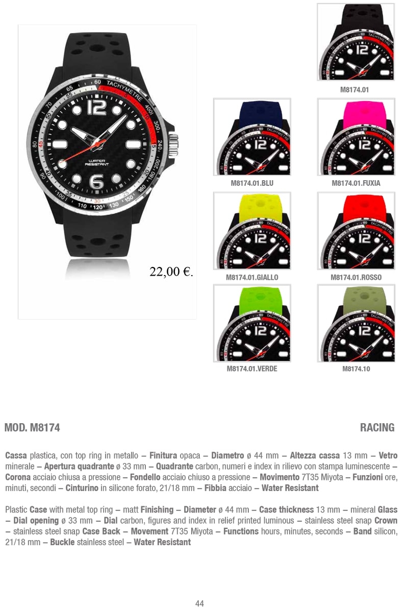 Modello M8174 Racing: cassa plastica, quadrante carbon con numeri luminescenti, cinturino in silicone forato. Un gadget personalizzato e un articolo promozionale ideale per le aziende B2B.