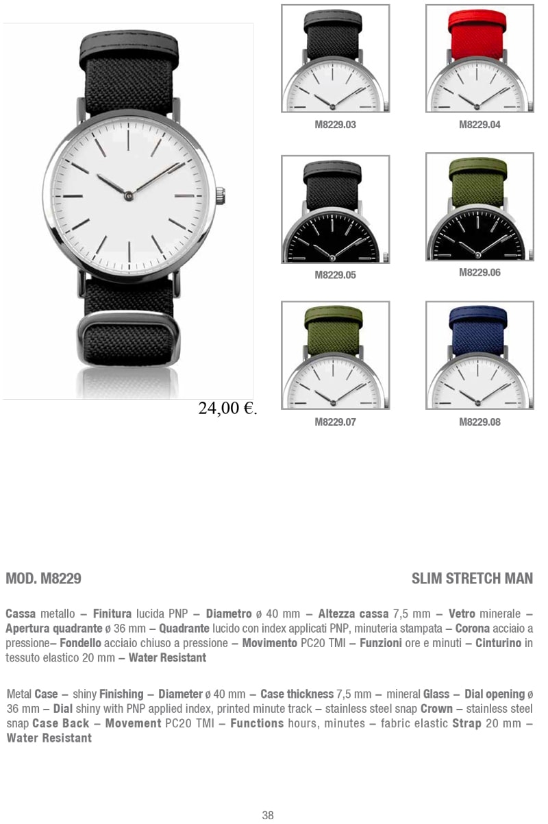 Immagine dell'orologio Mod. M8229 Slim Stretch Man, caratterizzato da una cassa sottile in metallo con finitura lucida PNP e un cinturino in tessuto elastico. Design elegante e moderno per un accessorio di stile.