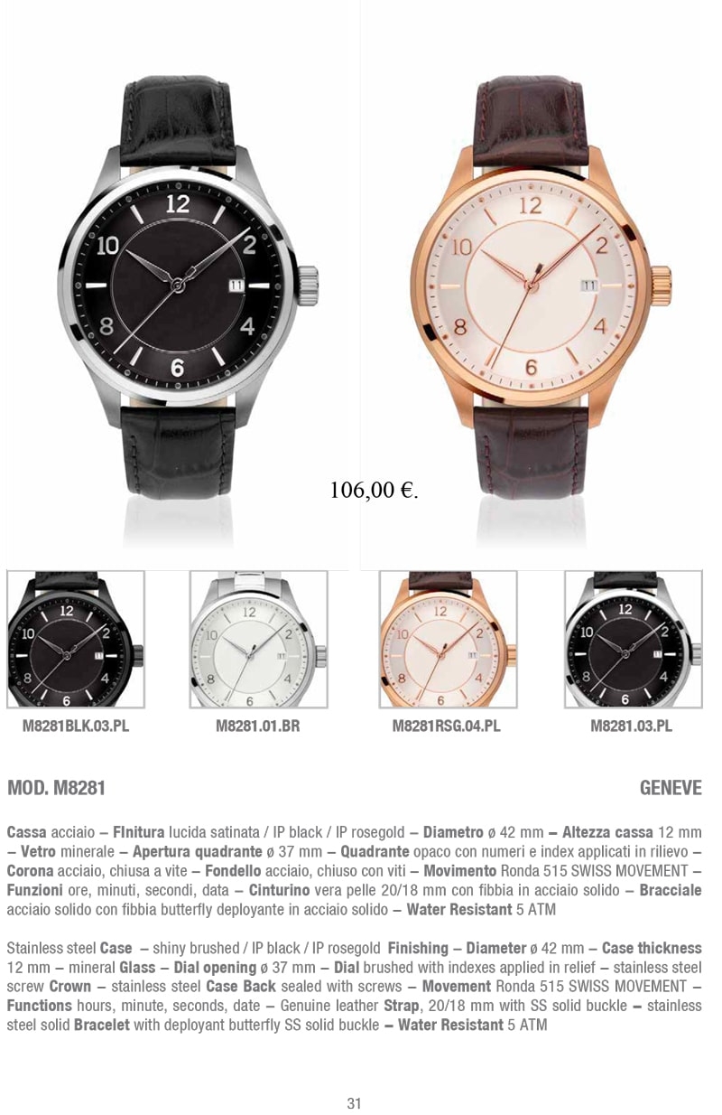 L'immagine mostra l'Orologio M8281 Geneve di BestPromotion, con cassa in acciaio satinato disponibile nelle finiture lucida, IP black e IP rosegold. Il quadrante opaco presenta numeri e index applicati in rilievo, mentre il cinturino è realizzato in vera pelle con fibbia in acciaio solido. Un orologio elegante e affidabile, con movimento svizzero Ronda 515 e resistenza all'acqua fino a 5 ATM.