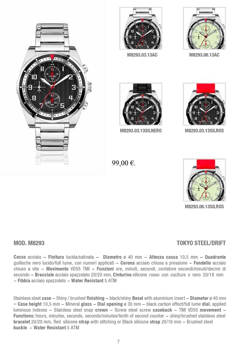 Orologio da polso MOD. M8293 TOKYO STEEL/DRIFT con cassa in acciaio lucido/satinato, quadrante guilloche nero lucido con numeri applicati e bracciale in acciaio spazzolato. Un'elegante fusione di stile e precisione.