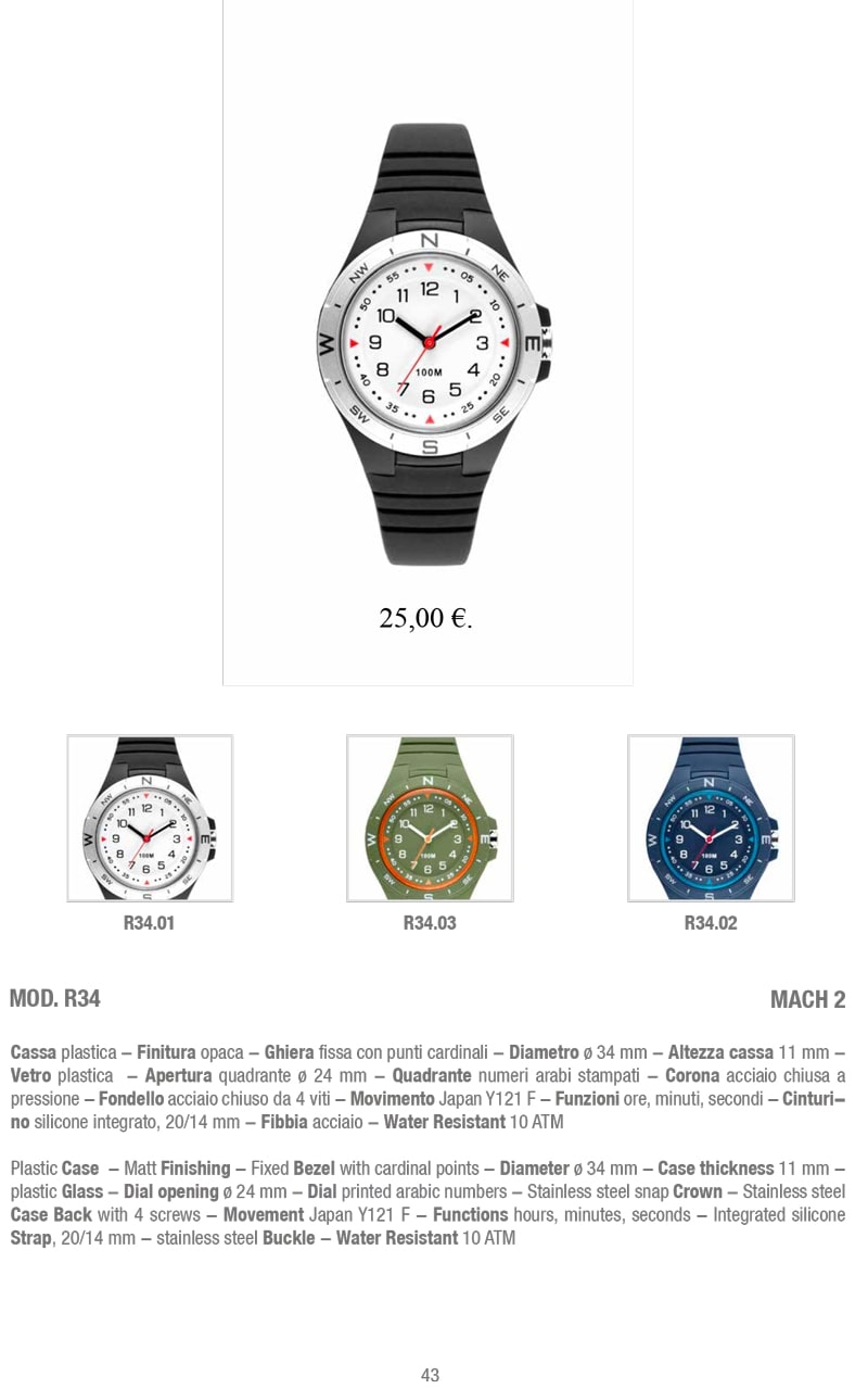 L'immagine mostra l'elegante orologio da polso MOD. R34 MACH2 con cassa in plastica dal design opaco, ghiera fissa e quadrante con numeri arabi stampati. Il cinturino in silicone integrato offre comfort, mentre la fibbia in acciaio assicura una chiusura sicura. Resistente all'acqua fino a 10 ATM, è l'accessorio ideale per uno stile unico e una misurazione precisa del tempo.