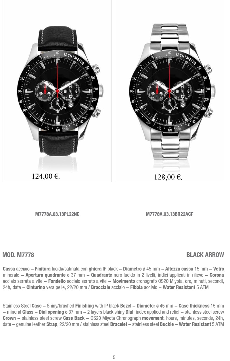MOD. M7778 Black Arrow - Orologio cronografo con cassa in acciaio lucido/satinato e ghiera IP nera, un accessorio di classe e stile per gli amanti degli orologi