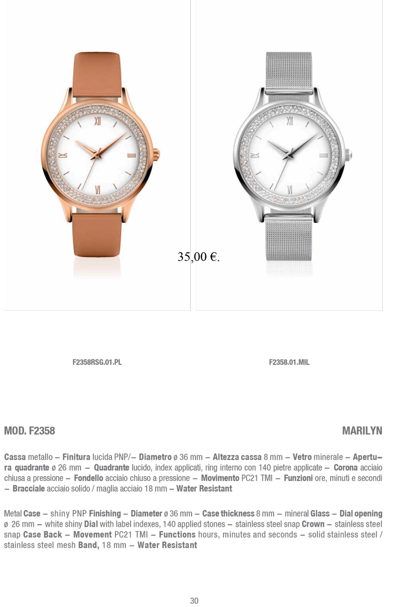 Immagine dell'orologio MOD. F2358 MARILYN con cassa in metallo lucido, quadrante luminoso e bracciale in acciaio. Un gadget personalizzato perfetto per promuovere il tuo brand B2B con stile e eleganza.