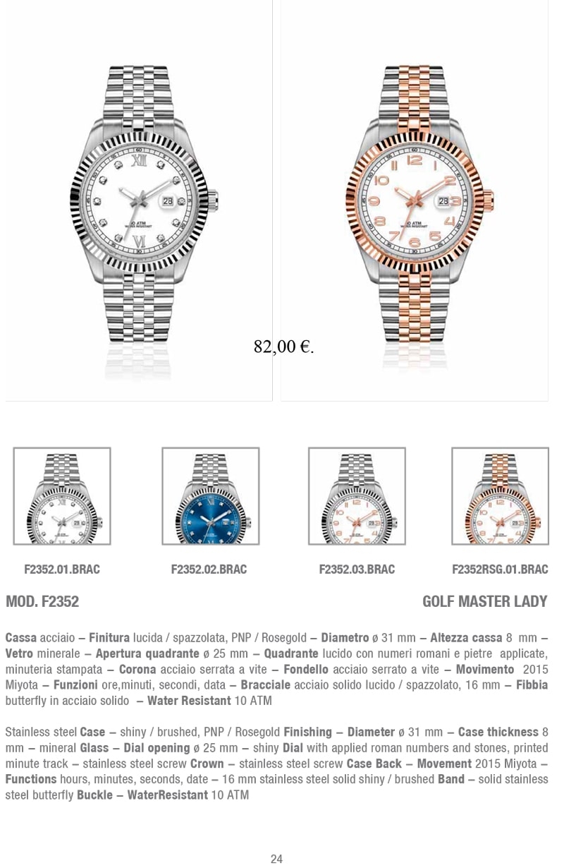 Orologio da polso Golf Master Lady con cassa in acciaio lucido/spazzolato, quadrante lucido con numeri romani e pietre applicate. Movimento Miyota 2015, bracciale in acciaio solido lucido/spazzolato. Resistente all'acqua 10 ATM.