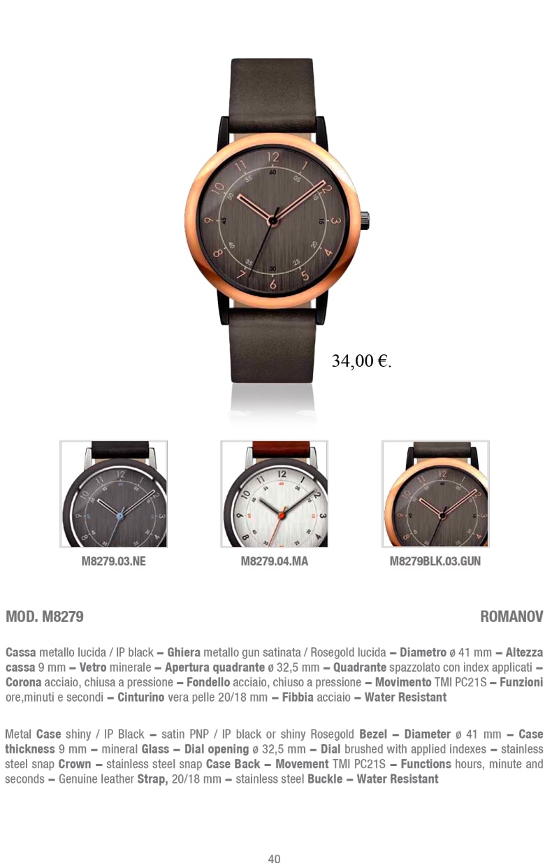 Immagine dell'elegante orologio da polso M8279 Romanov con cassa in metallo lucido, finitura IP black e quadrante spazzolato. Il cinturino in vera pelle e la fibbia in acciaio completano il design raffinato. Resistente all'acqua, è la scelta perfetta per un look sofisticato e di classe.
