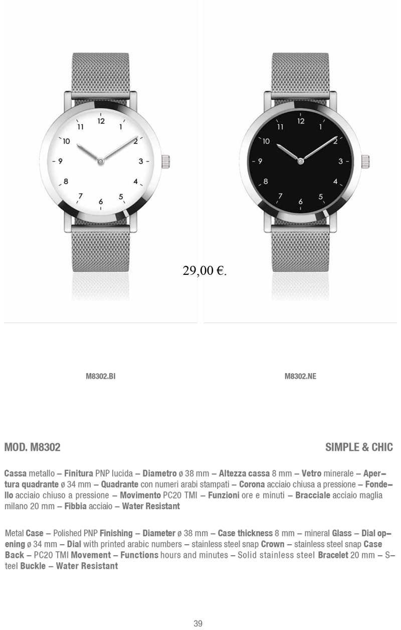 Orologio da polso M8302 con cassa in metallo rifinita con uno strato lucido PNP, quadrante con numeri arabi stampati e bracciale in acciaio a maglia milano. Elegante e minimalista, l'orologio è perfetto per un tocco di stile quotidiano.