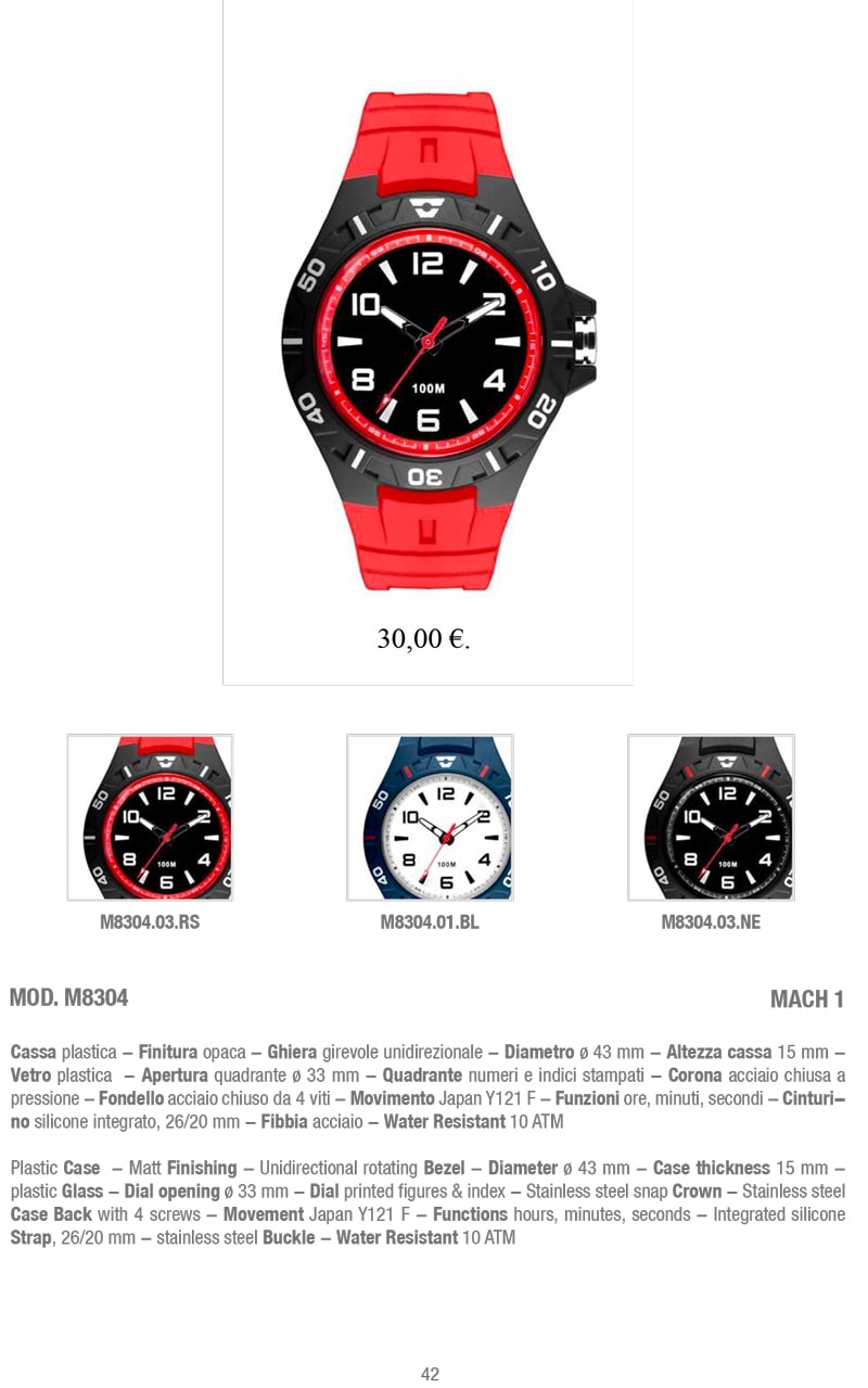 Immagine dell'orologio M8304 MACH1 con cassa plastica, finitura opaca e diametro di 43mm. L'orologio è resistente all'acqua fino a 10 ATM, ideale per un uso quotidiano e avventure all'aperto.
