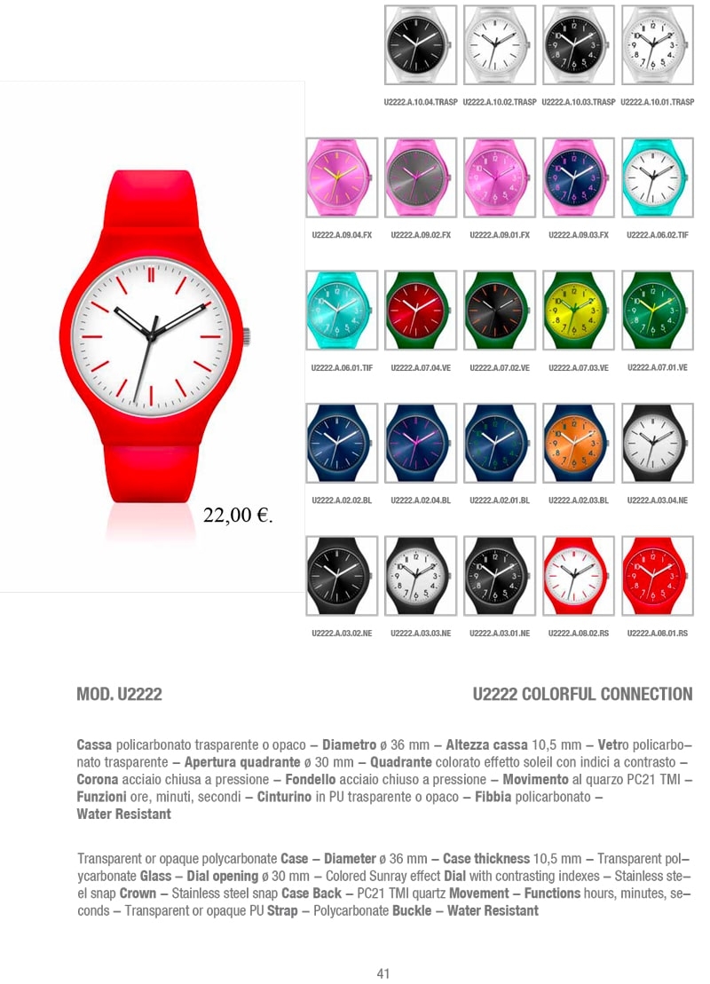L'immagine mostra il mod. U2222 Colorful Connection, un orologio dal design accattivante con una cassa trasparente o opaca in policarbonato, quadrante colorato effetto soleil e cinturino in poliuretano. Questo orologio promozionale offre stile e funzionalità con precisione al quarzo e resistenza all'acqua