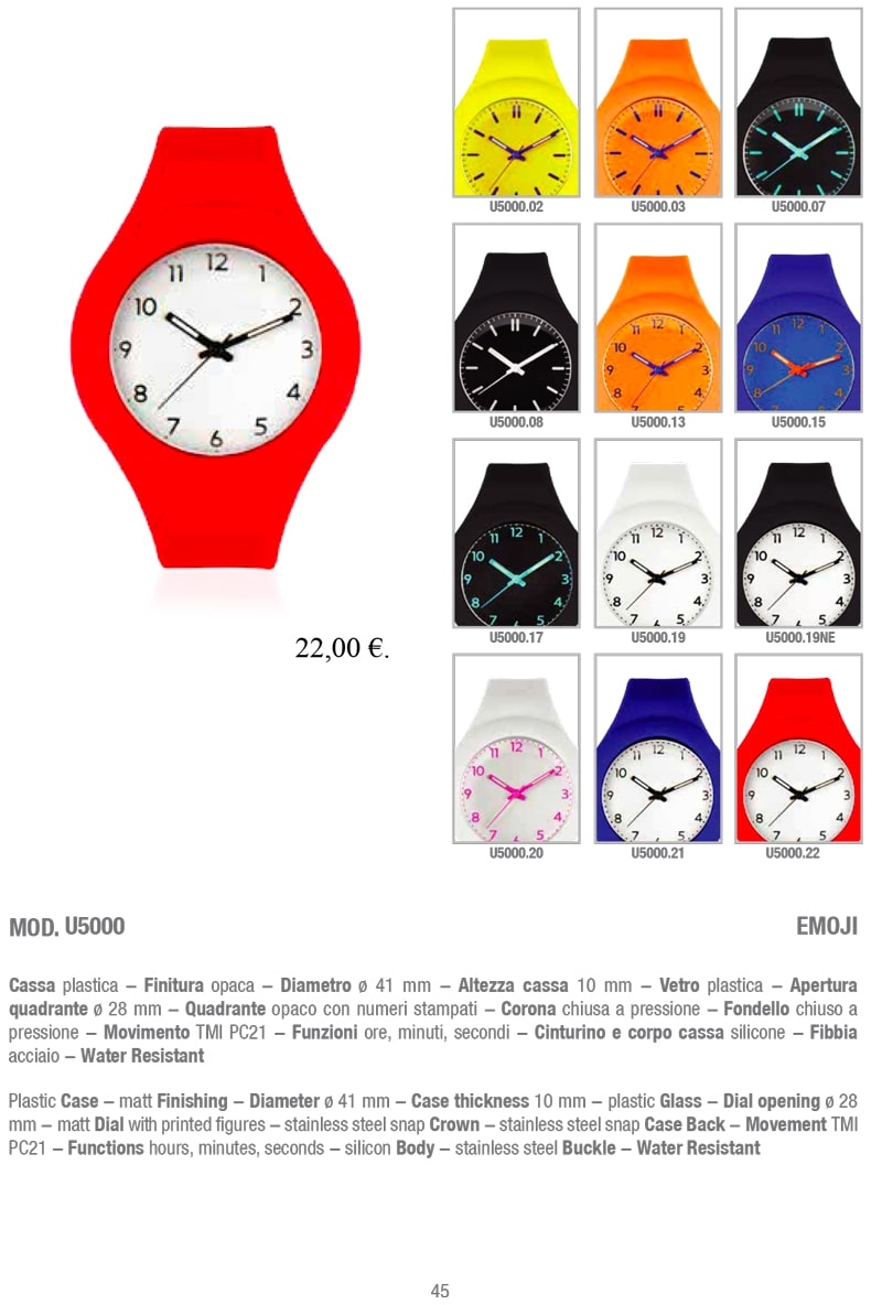 Immagine dell'orologio Modello U5000 EMOJI con cassa plastica dal design moderno, quadrante opaco con numeri stampati e cinturino in silicone. Un orologio elegante e leggero per le aziende B2B.