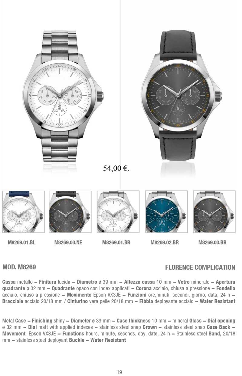 L'orologio da polso M8269 Florence Complication di BestPromotion. Cassa in metallo lucido, quadrante opaco con index applicati, movimento Epson VX3JE e bracciale in acciaio o cinturino in vera pelle. Un orologio elegante e funzionale per il tuo stile unico.