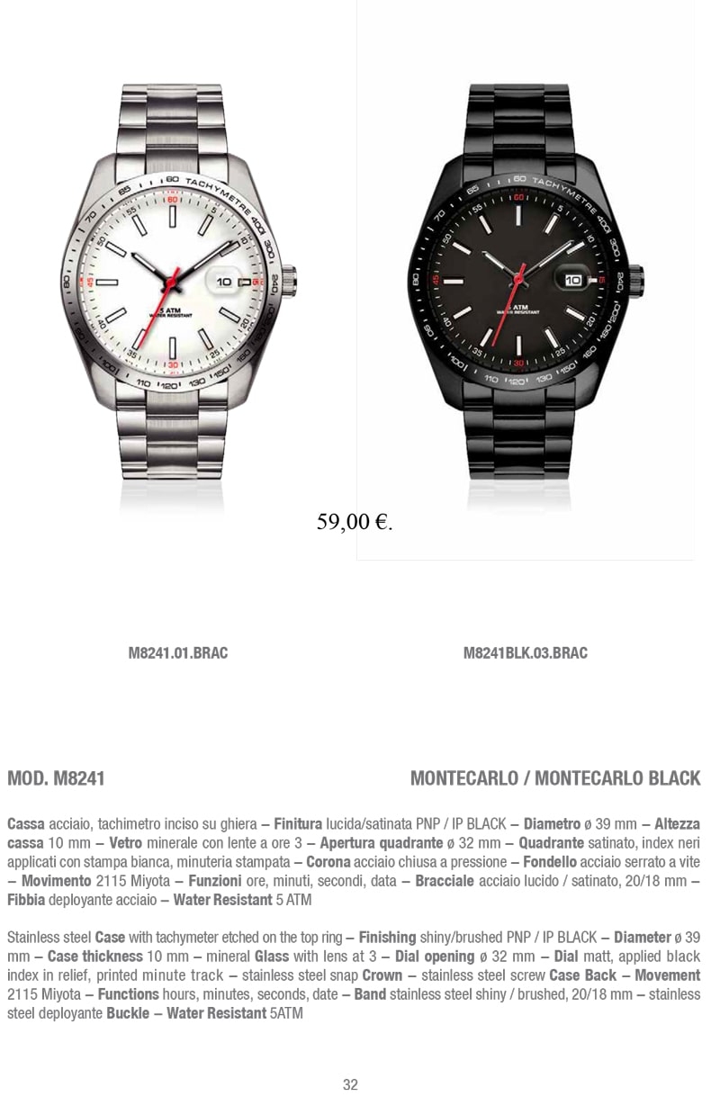 Immagine dell'orologio da polso Montecarlo/Montecarlo Black M8241. Cassa in acciaio con finitura lucida/satinata. Quadrante satinato con indici neri stampati. Bracciale in acciaio lucido/satinato. Movimento Miyota 2115. Resistente all'acqua fino a 5 ATM. Un orologio elegante e preciso per il tuo stile.