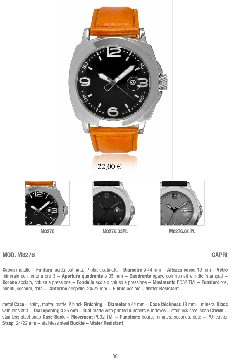 Orologio M8276 Capri: cassa in metallo con finitura lucida, quadrante opaco con numeri e indici stampati, cinturino in ecopelle, movimento PC32 TMI.