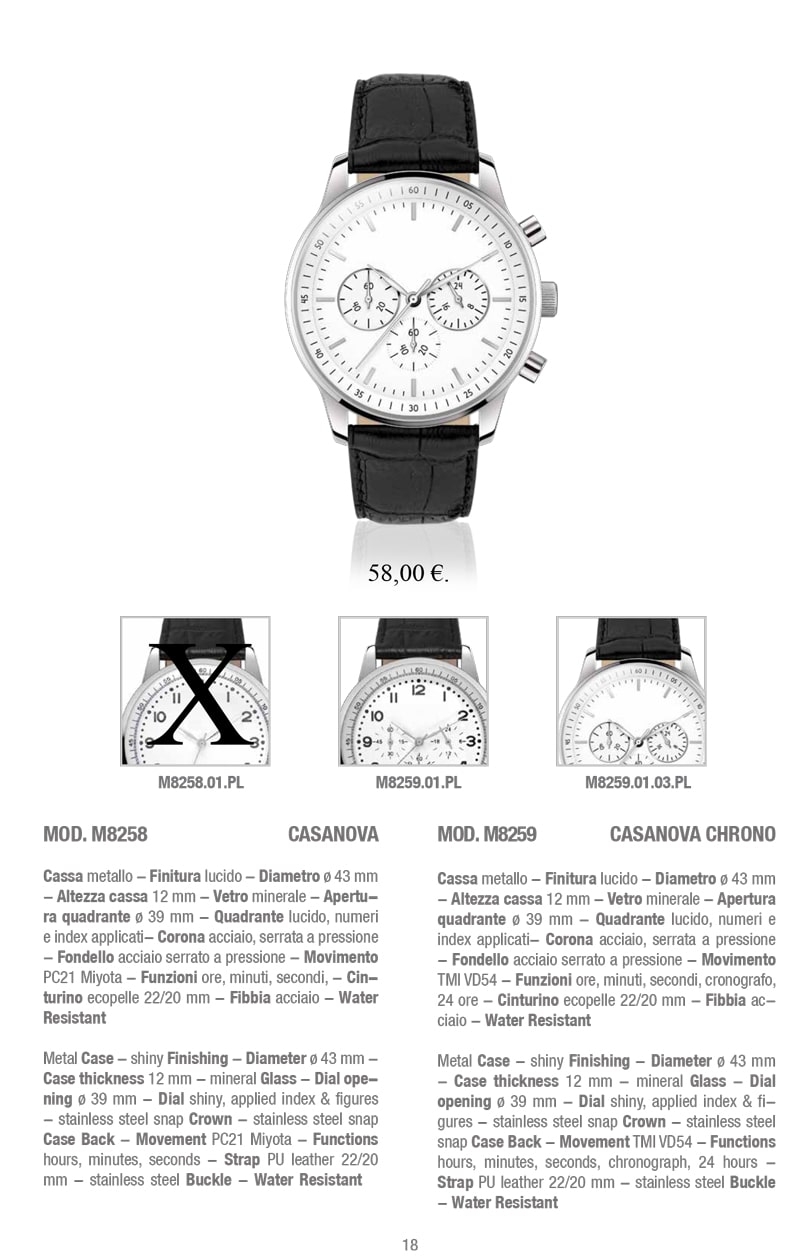 I modelli Casanova di BestPromotion: MOD. M8258 e MOD. M8259. Orologi eleganti con cassa in metallo lucido, quadrante lucido con numeri e index applicati. Movimenti precisi per ore, minuti e secondi. Cinturino in ecopelle e fibbia in acciaio. Resistente all'acqua. Esprime il tuo stile unico con la collezione Casanova di BestPromotion.