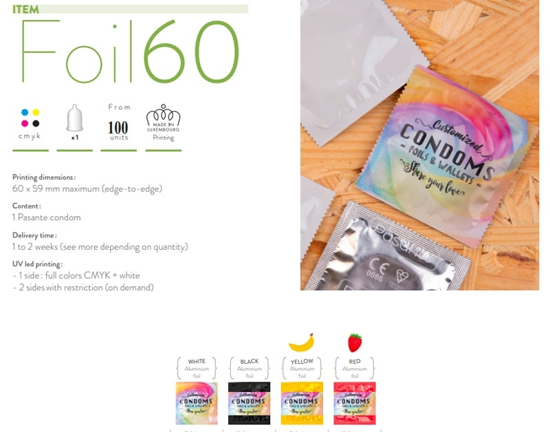 Condom in lamina 60x60 mm - Stampa personalizzata vivace in quadricromia su base bianca. Area di stampa 50x50 mm su un solo lato. Minimo ordine 100 pezzi."