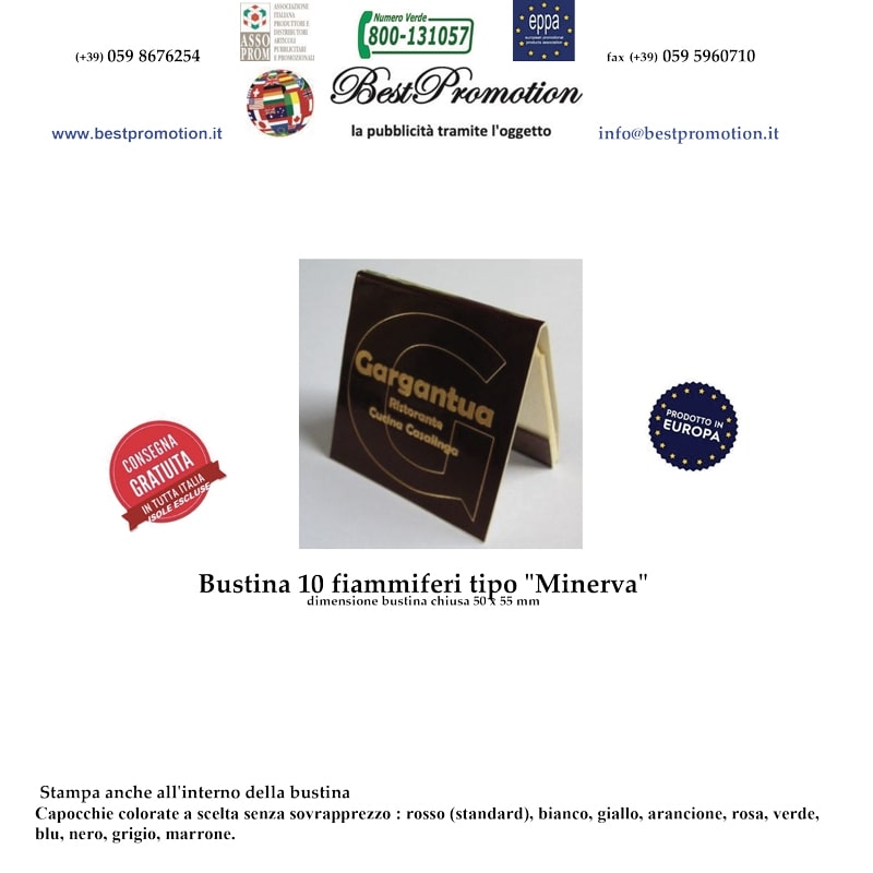 Bustina 10 fiammiferi tipo "Minerva" dimensione bustina chiusa 50 x 55 mm