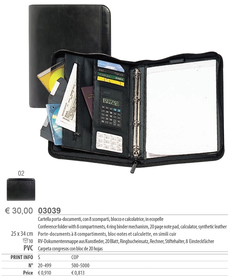 Cartella porta-documenti con 8 scomparti blocco e calcolatrice in ecopelle