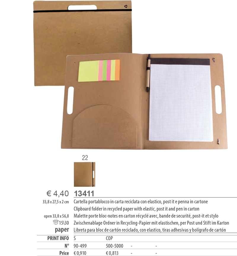 Cartella portablocco in carta reciclata con elastico, post it e penna in cartone