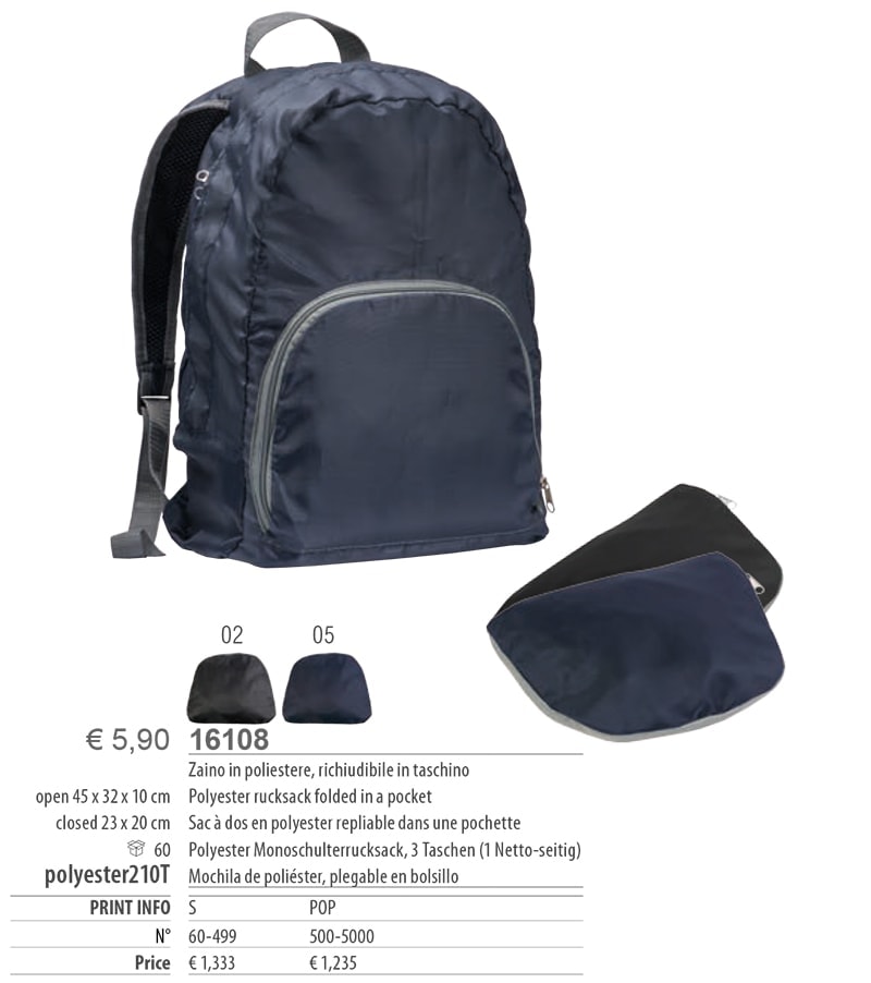Zaino personalizzato in poliestere ripstop richiudibile in taschino