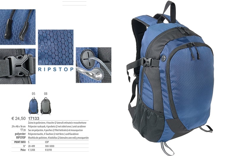 Zaino personalizzato in poliestere, 4 tasche (2 laterali retinate) e moschettone