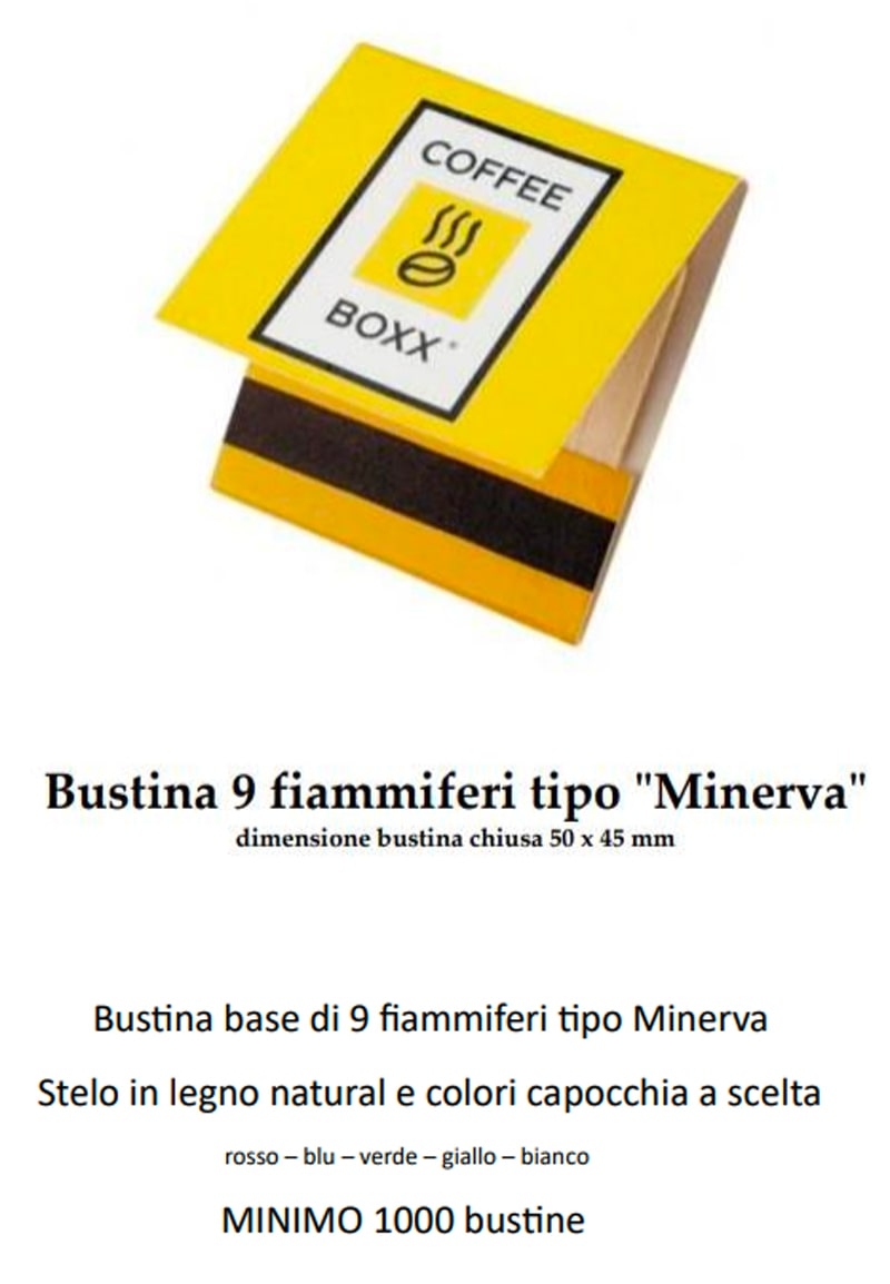 Bustina 9 fiammiferi tipo Minerva con stelo in legno naturale e capocchia disponibile in vari colori. Progettata per aziende B2B, questa confezione di alta qualità è ideale per chi cerca un prodotto affidabile e personalizzabile. Ordine minimo di 1000 bustine