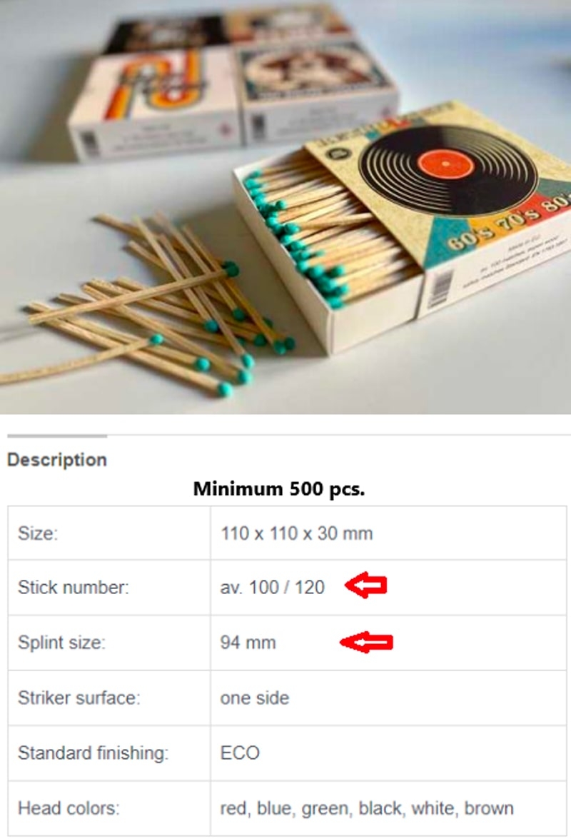 Fiammiferi Personalizzati: Confezione Eco-Friendly - Ordine Minimo 500 Pezzi Confezione di fiammiferi personalizzati con dimensioni di 110 x 110 x 30 mm, disponibile con un ordine minimo di 500 pezzi. Ogni confezione offre una media di 100 a 120 fiammiferi, ciascuno con uno splint lungo 94 mm. La superficie dell'acciarino è posizionata su un solo lato, con una finitura standard eco-friendly. Scegli tra una gamma di colori per la testina, tra cui rosso, blu, verde, nero, bianco e marrone. Ideale per progetti che valorizzano soluzioni sostenibili e di alta capacità.