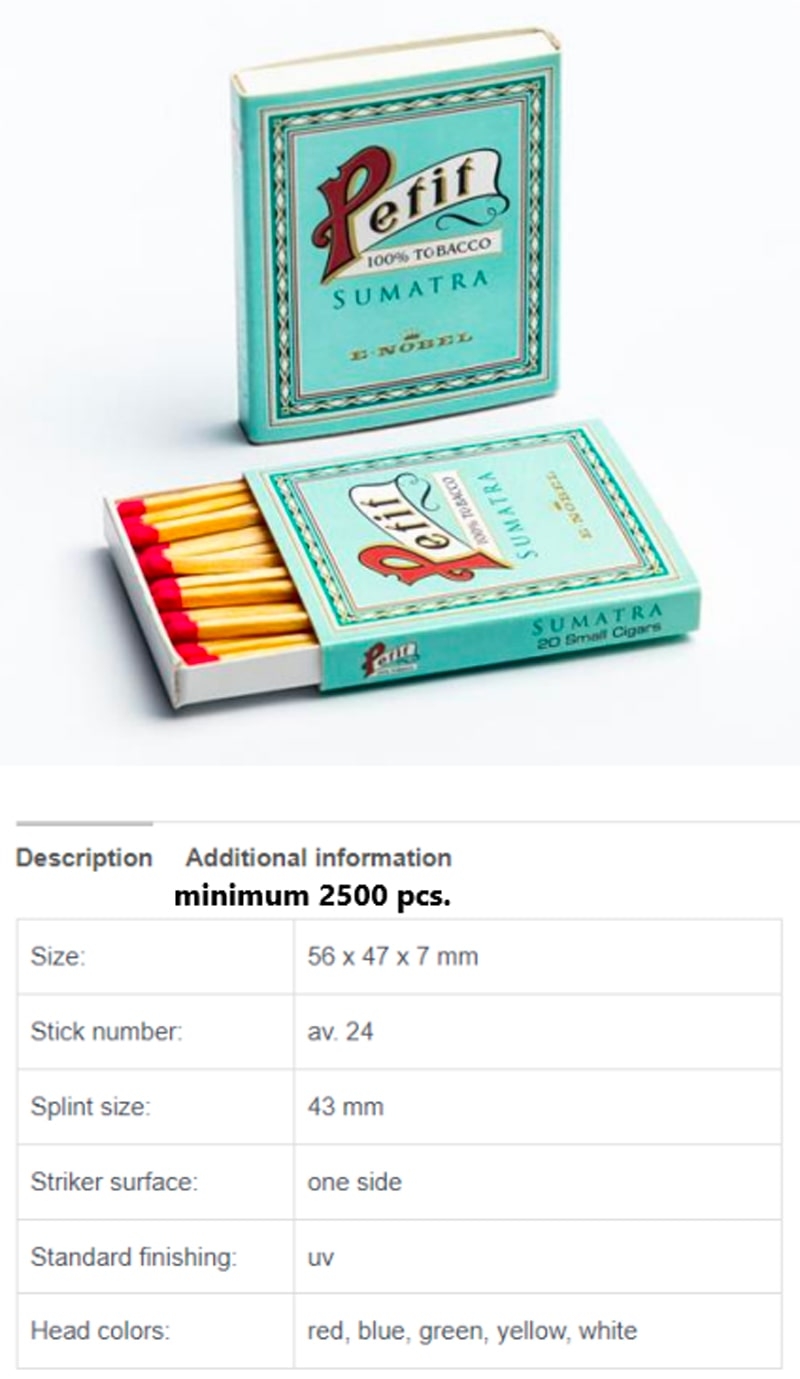 Scatolina dalle dimensioni 56x47x7 mm che ospita 24 fiammiferi di tipo svedese. La personalizzazione del colore della capocchia aggiunge un tocco distintivo a questo gadget promozionale. Quantità minima d'ordine: 2500 pezzi.