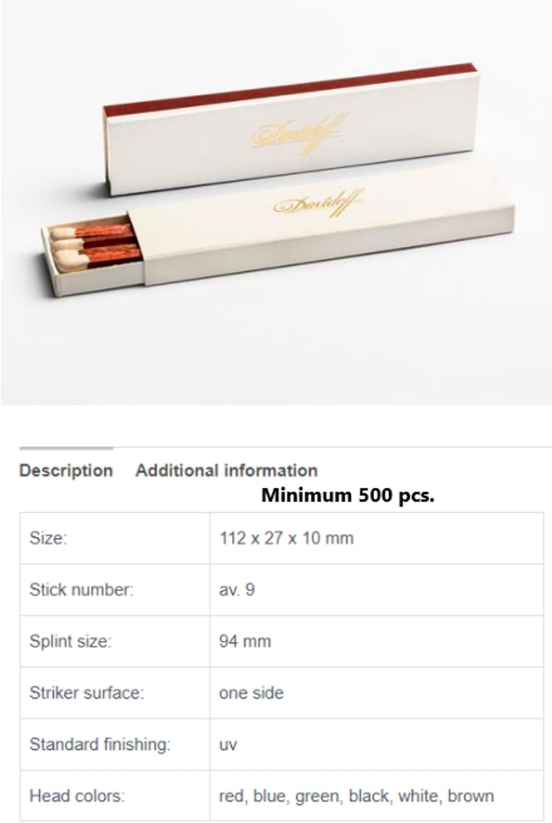 Scatola contenente 9 fiammiferi lunghi con capocchia colorata a tua scelta. Ordine minimo di 500 pezzi. Gadget promozionale ideale per le aziende B2B. Personalizzabili con il tuo logo aziendale