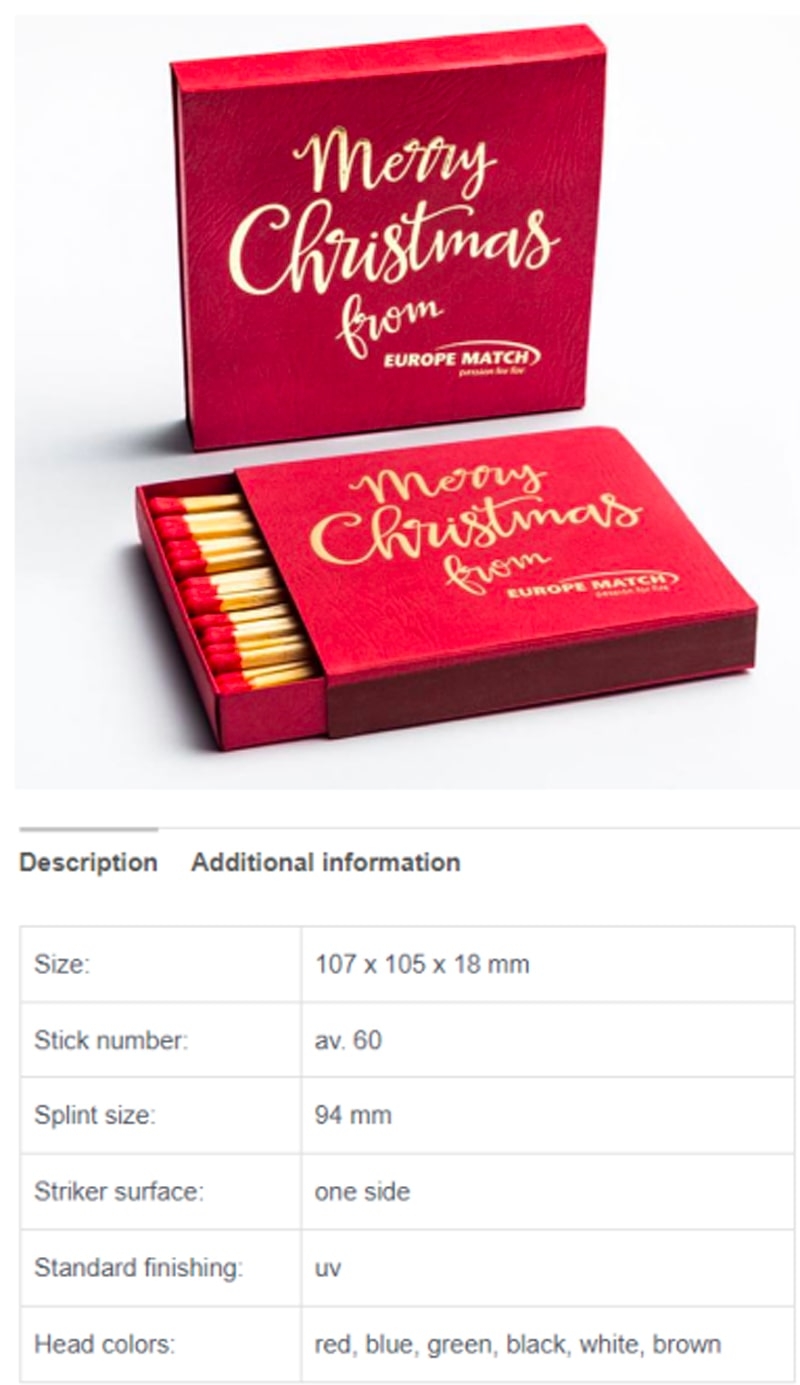 Esplora l'esclusività dei nostri fiammiferi personalizzati, contenuti in una confezione premium dalle dimensioni di 107 x 105 x 18 mm. La confezione offre 60 fiammiferi, ciascuno con uno splint di 94 mm. La superficie dell'acciarino è posizionata su un solo lato, con una finitura standard UV per un tocco di qualità. Scegli tra una gamma di colori per la testina, tra cui rosso, blu, verde, nero, bianco e marrone. Ordina ora per un gadget promozionale distintivo e di alto livello.