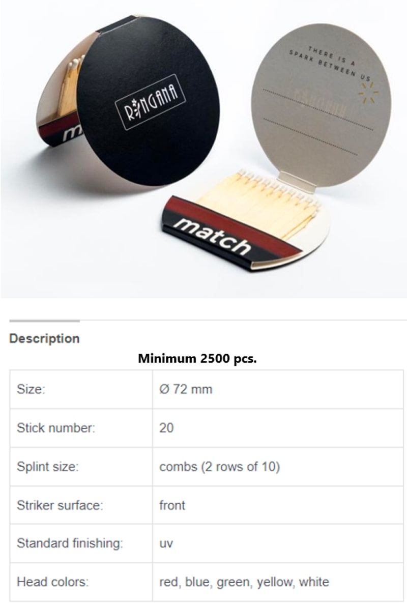 Bustina Minerva con fiammiferi per aziende B2B: Stelo in legno e capocchia unica, personalizzabile secondo il tuo brand